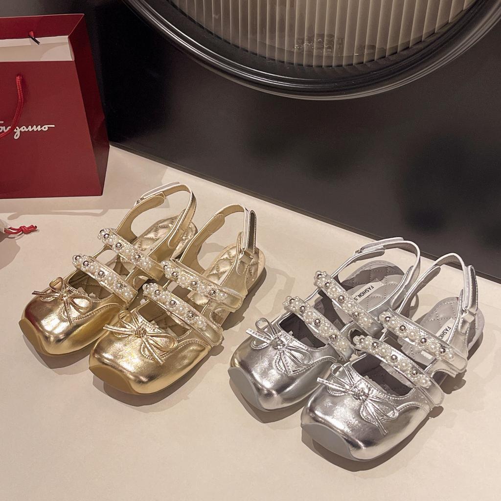 [Fanfna] Square Head Shallow Mouth Mary Jane Shoes Women's 2025 Summer Bow Sweet Empty Baotou Sandals