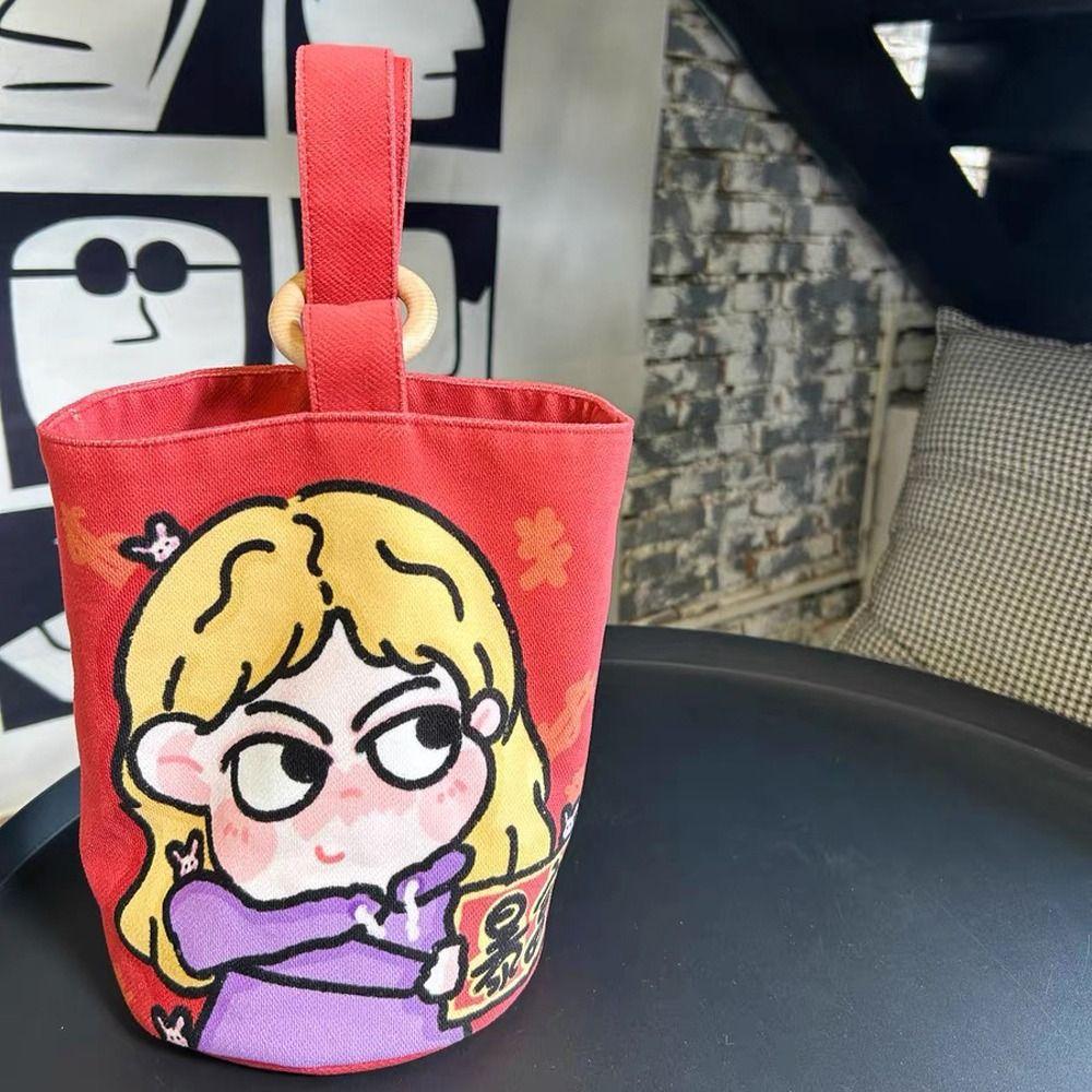 Lovely Girl Canvas Cartoon Bucket Handbag Letter Cartoon Lunch Bag Sweet Letter Tote Bag  Outdoor