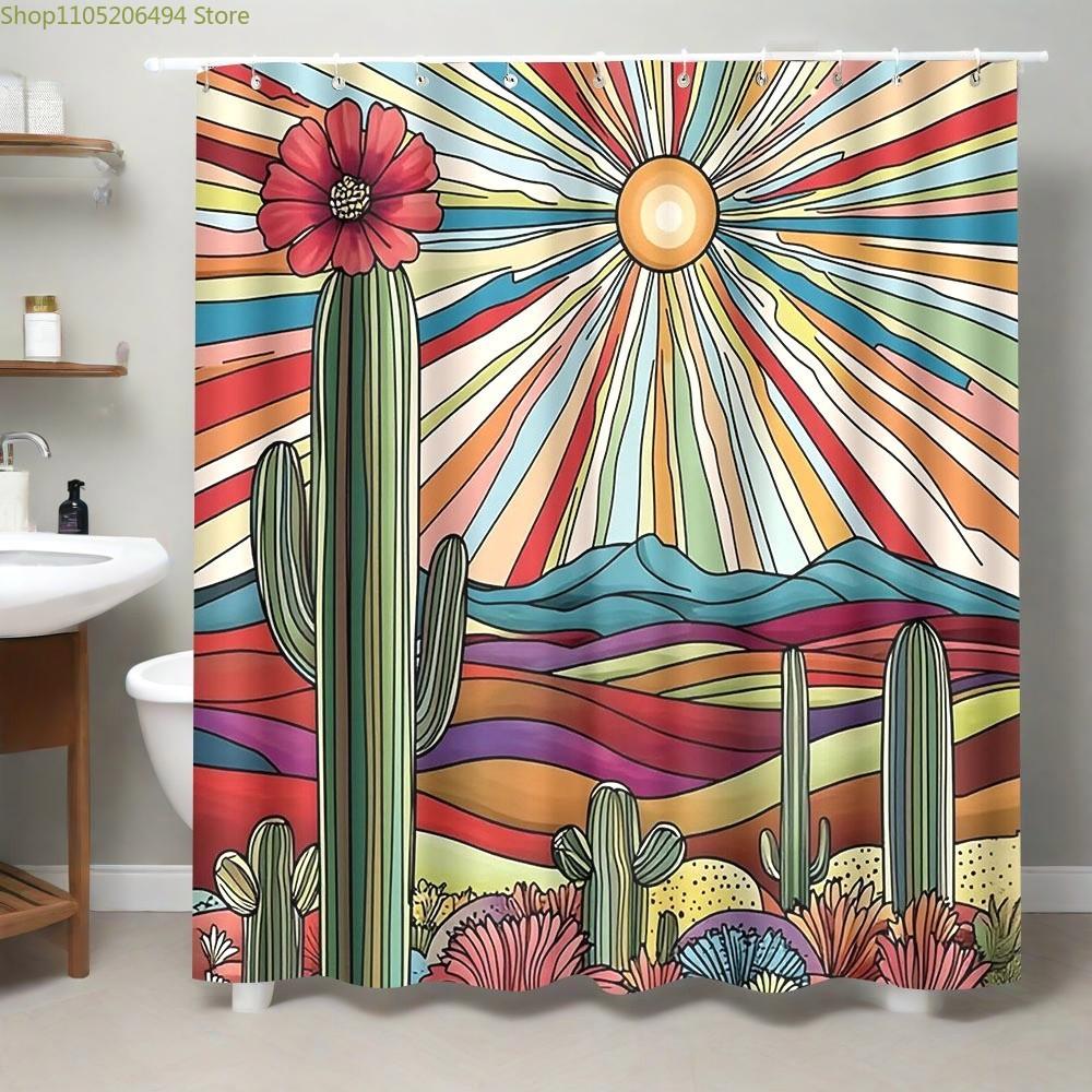 1pc Desert Cactus Themed Shower Curtain | 180x180cm Polyester, Retro Psychedelic Style, Vibrant Colorful, Includes 12 Hooks, F