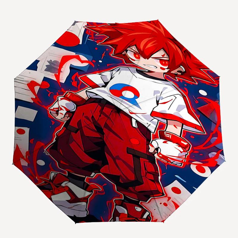 1pc Red-Haired Anime Character with Blue Circle Logo: Automatic Opening Folding Umbrella, 8 Bone Iron Frame, Portable Design for Outdoor Use, Ideal Gi