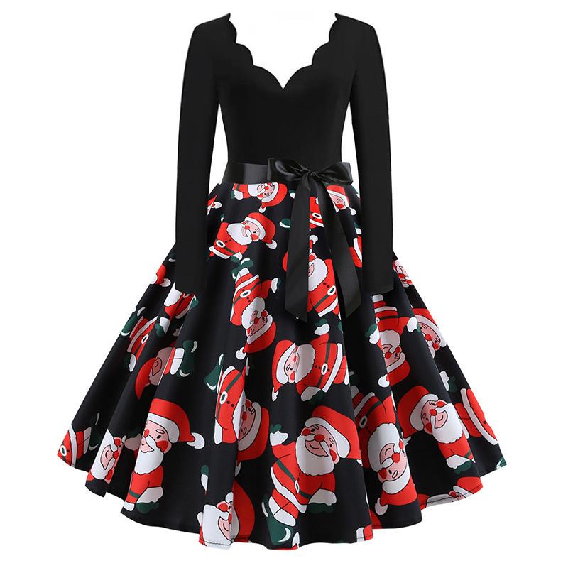 E-Commerce Hepburn Retro Christmas Print V-Neck Splicing Long-Sleeved Pendulum Dress