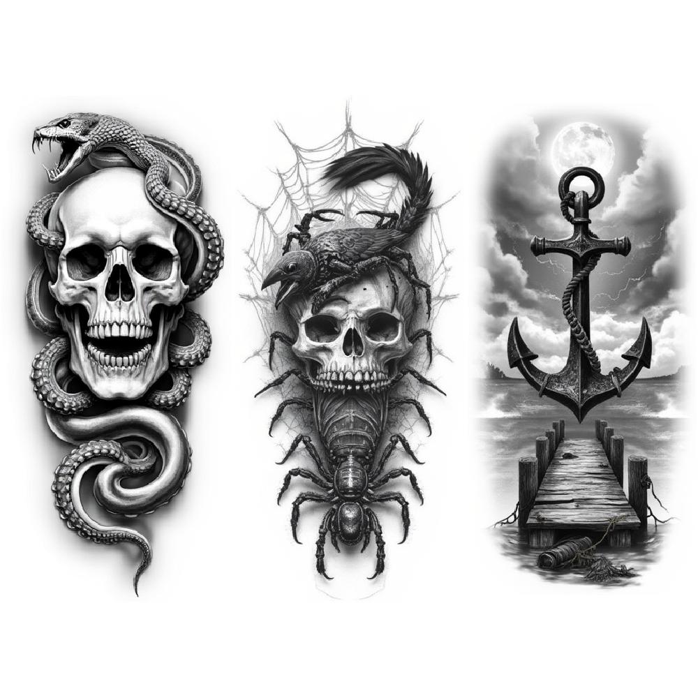 3 Stück Temporäre Tattoos Realistische Temporäre Tattoos Kapuzen-Skelett Wolfskopf und Mond für Arme Oberschenkel Männer