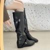 Sleeve Inside Heightened No Knee Boots Fashion Round Toe Soft Leather Soft Sole Belt Buckle Low Heel Knight Boots