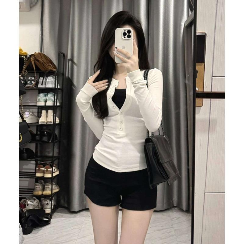 Spice Girl Shoulder Long Sleeve T-Shirt Women's Spring Skinny Single-breasted Top Bottom Shirt Tide