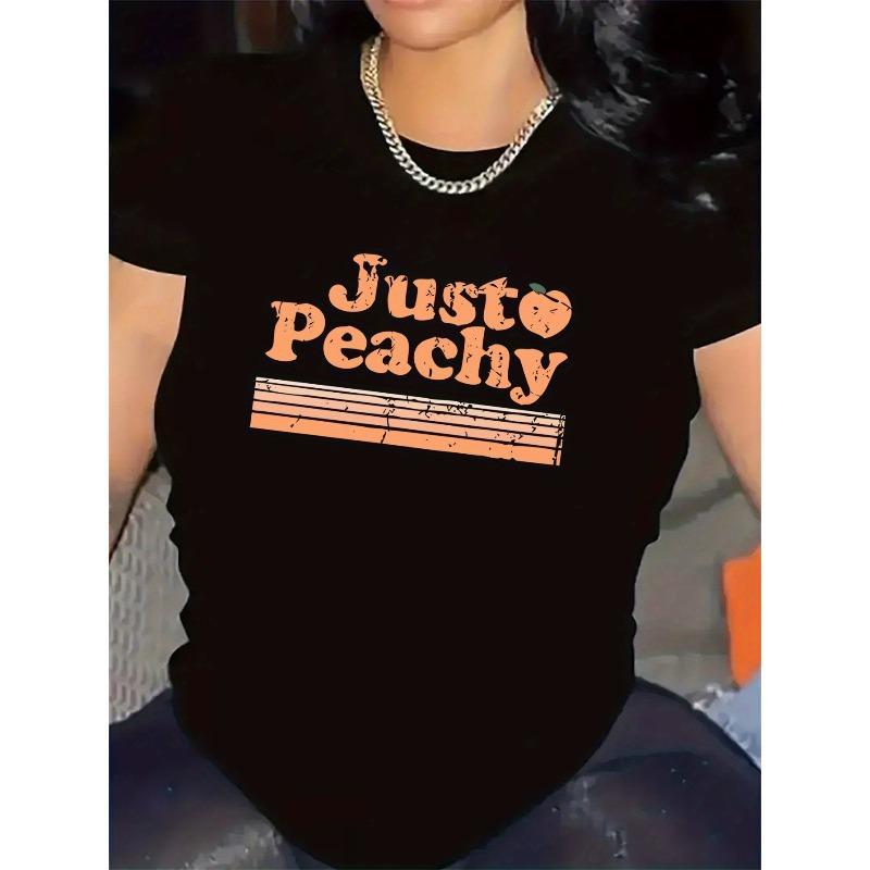 Europäische Größen Damen "Just Peachy" Grafik-T-Shirt - Weiß mit Oranger Pfirsich-Design Restaurants und Outdoor-Aktivitäten