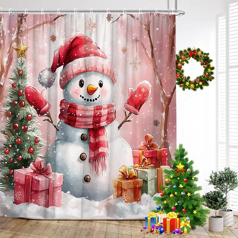 GAECute Blauer Schneemann Duschvorhänge Winterwald Zeder Schneeberg Neujahr Weihnachten Zuhause Badezimmer Vorhang Dekor Mit Haken