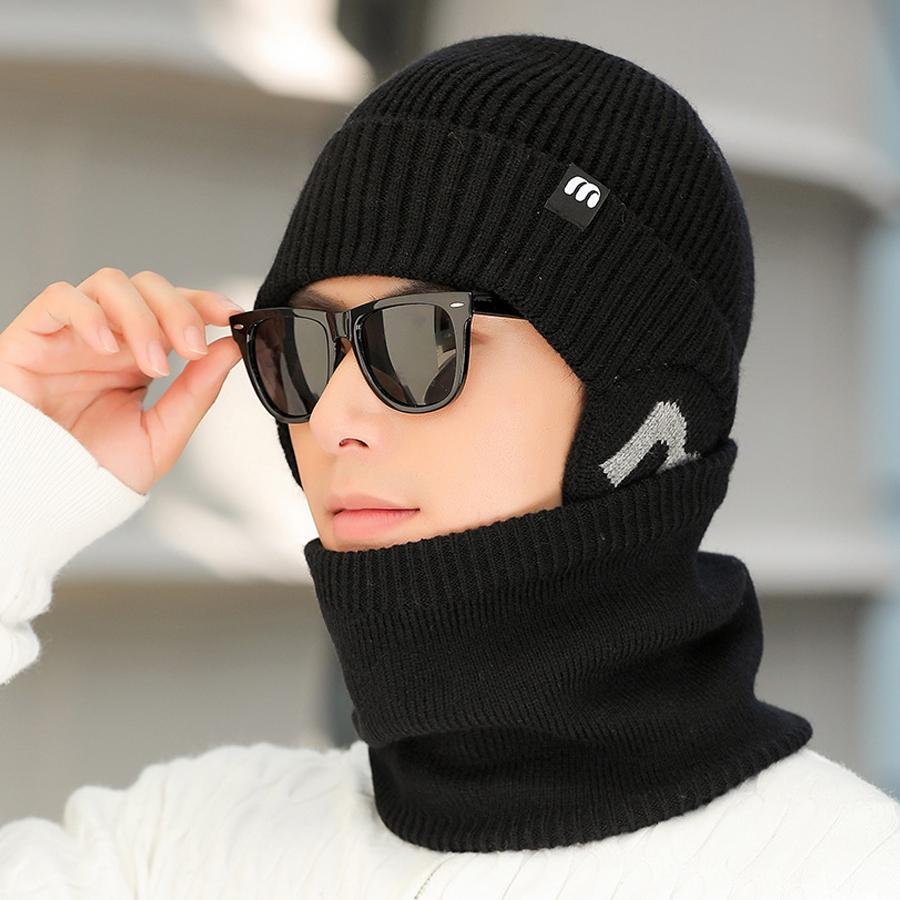 Knitted Hat Men's Winter Thick Letter Warm Cap Scarf Set Big Head Waving Elastic Pullover Cap