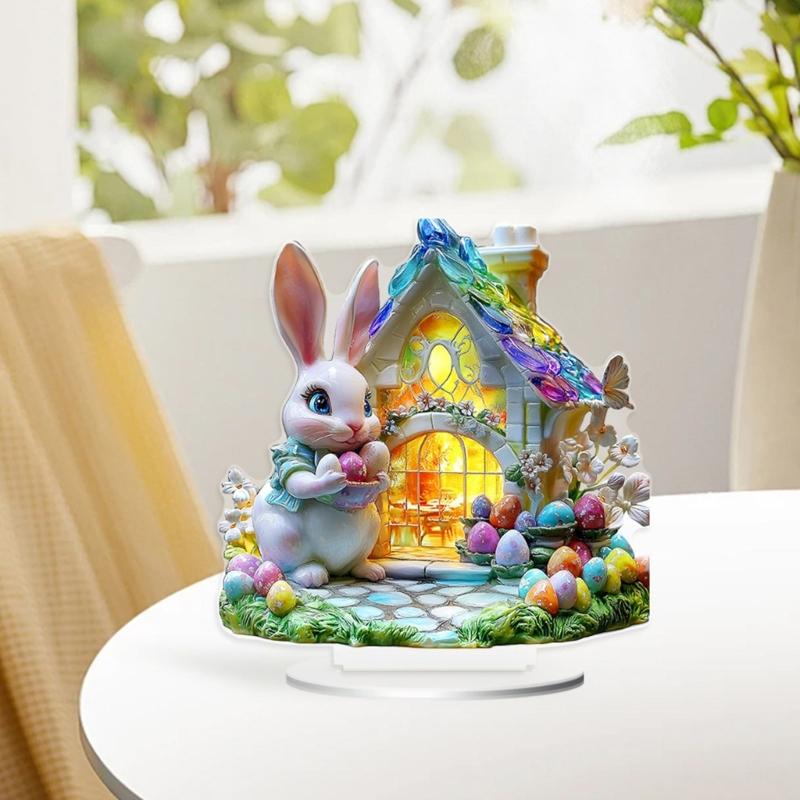 Standing Rabbit Figurines Home Decoration Acrylic Bunnies Statues Sculpture with Easters Eggs for Office Room Decors