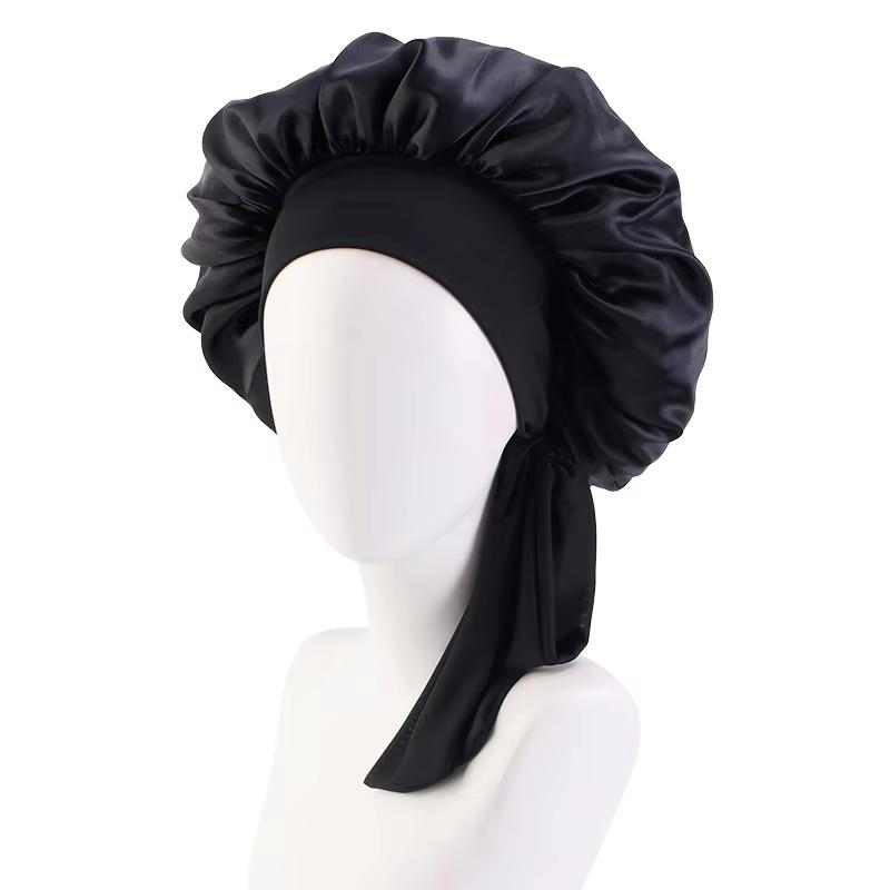 New Women Satin Solid Sleeping Hat Silky Bonnets With Tie Bands Elastic Shower Cap Adjustable Cap For Curly Hair Bonnets