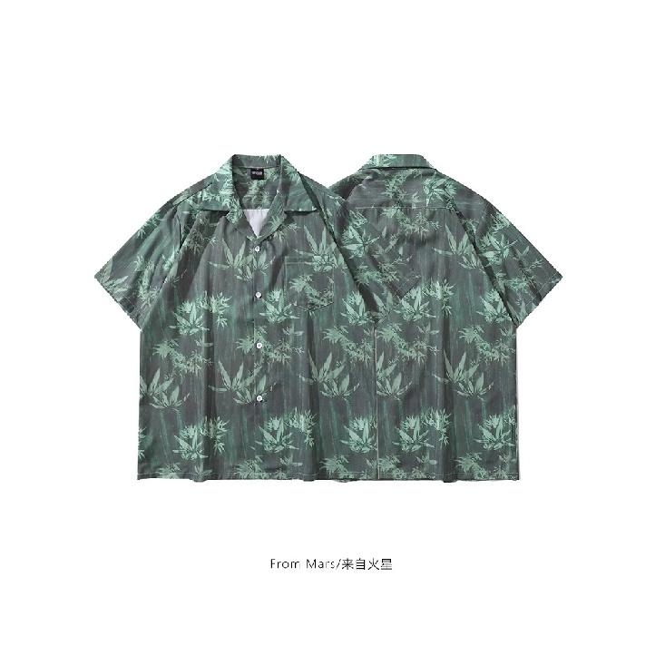 Bcbgh National Style Vintage Ink Painting Flower Short Sleeve Shirt Men's Loose Cuban Collar Hawaiian Shirt