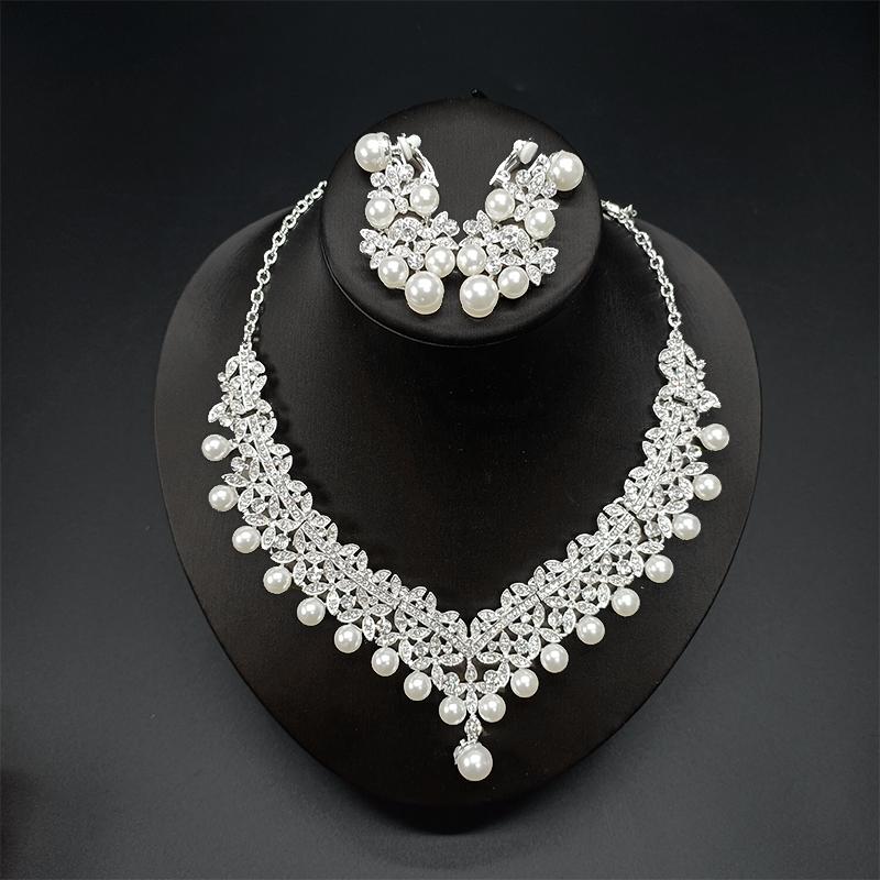 

Luxury Silver Crystal Pearl Pendant Bridal Jewelry Elegant Water Diamond Banquet Party Ceremony Accessories Necklace Earring Set 40cm