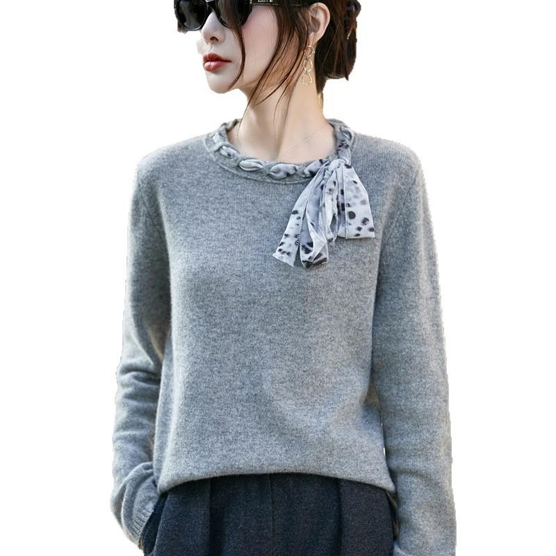 2025 Autumn/Winter Women's Loose Round Neck Ribbon Knit Sweater - Long Sleeve, Cozy Wool Jumper, Elegant Ladies' Top