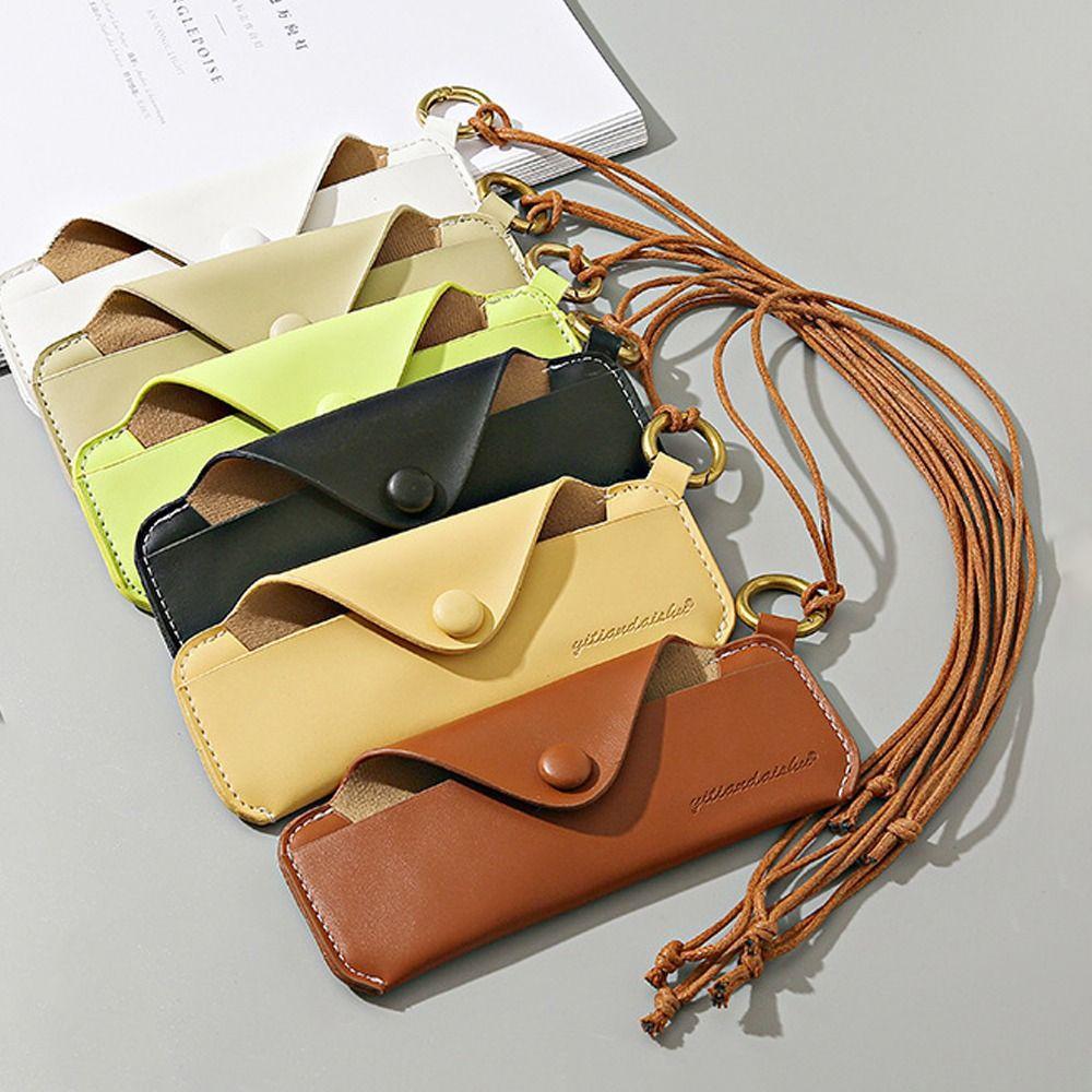 Portable With Hanging Rope Sunglasses Cases Solid Color Pu Leather Snap-Fastener Glasses Bag Unisex Eyeglass Protective Pouch