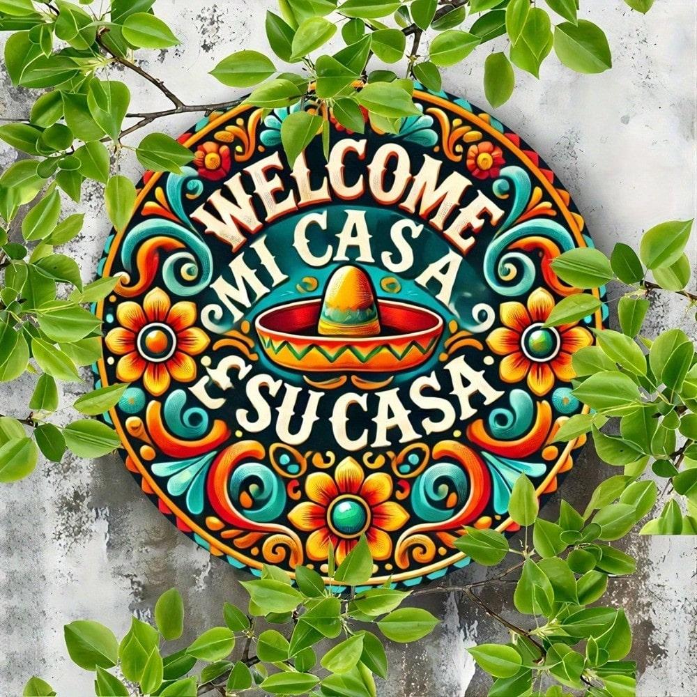 Metal Welcome Sign Mexican Folk Art 8x8 Inch Wall Decor Gift for Home Office