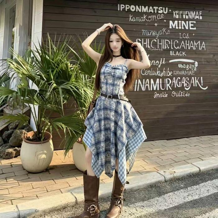 Summer Spice Girls Vacation Style Medium Dress Women s Fashion Design Plaid Splicing Irregular Suspender Dress S