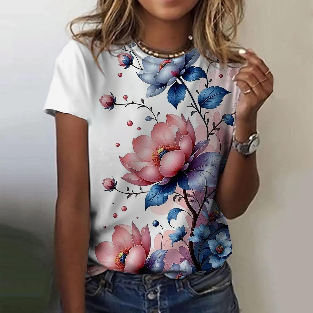 2025 New Summer Temperament Women's Floral Blue Printed Women's T-shirt Round Neck Short Sleeve Street Casual Daily Basic Tops