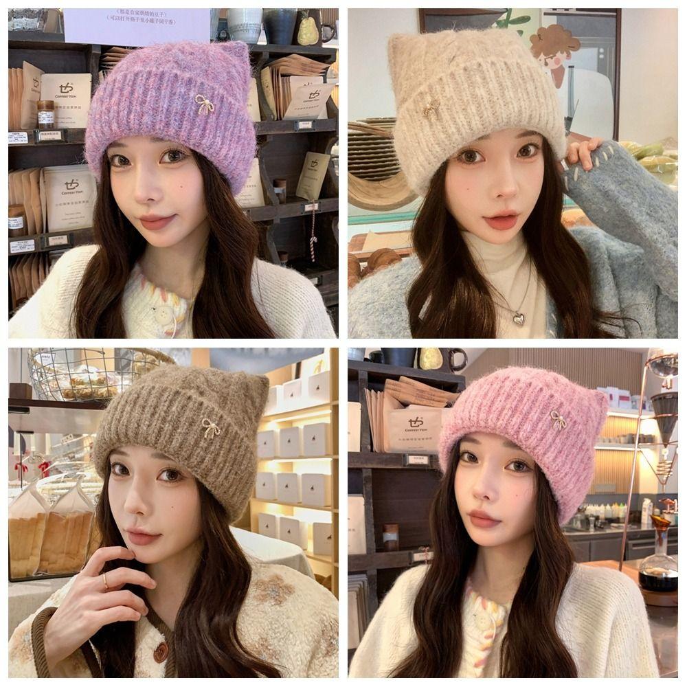 Retro Solid Color Cat Ears Pullover Hat Warm Japanese Style Woolen Knitted Hat Bow Y2k Women Beanie Hat Ladies