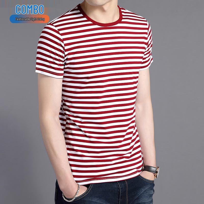 Kangbo Men's Mercerized Cotton Blend Striped Crew Neck T-Shirt