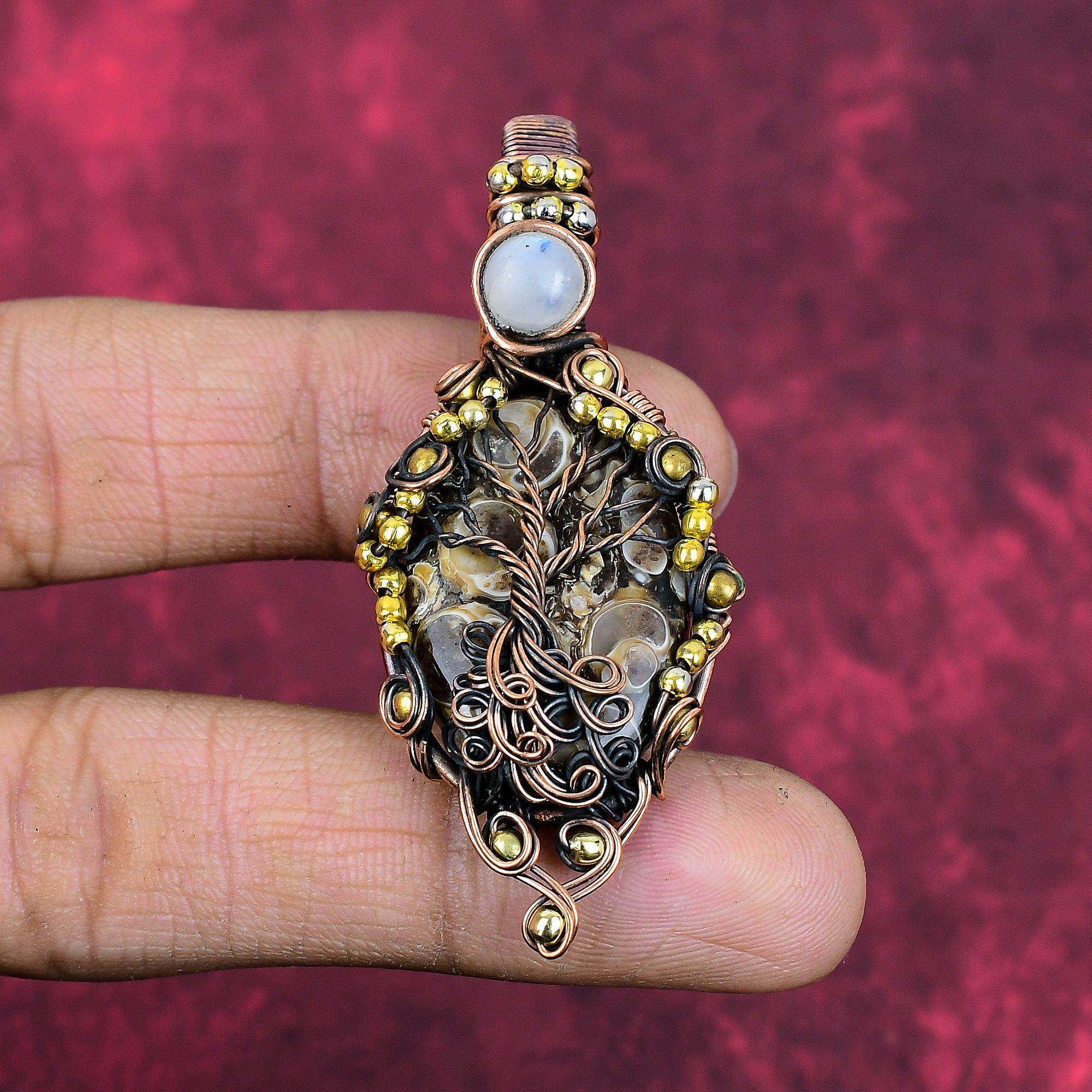 Tree of life turritella agate pendant copper wire wrapped jewelry rainbow moonstone gemstone pendant handmade copper pendant gifts for him