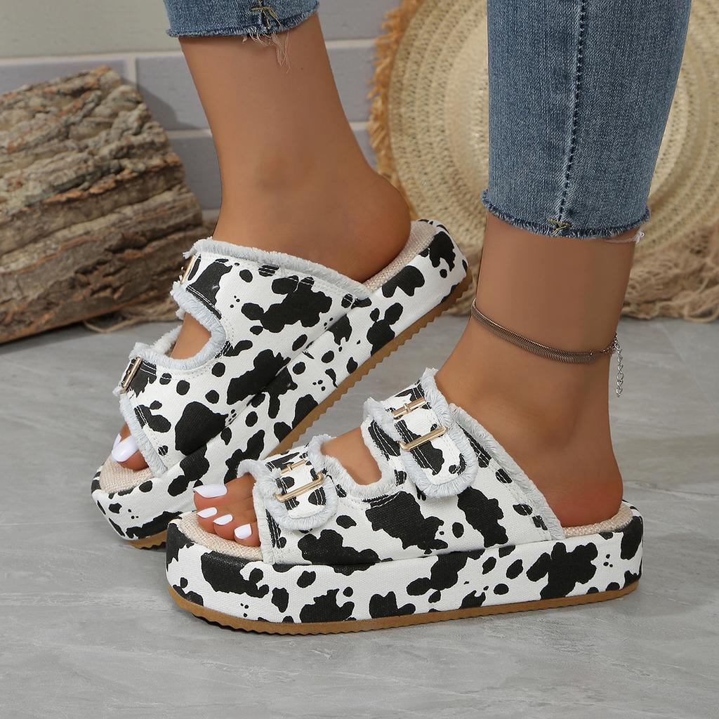 Fashion Camouflage Green Canvas Slide Sandals Woman Chic Fringed Design Buckle Strap Slippers Ladies Cow Print Thick Sole Mule Shoes
