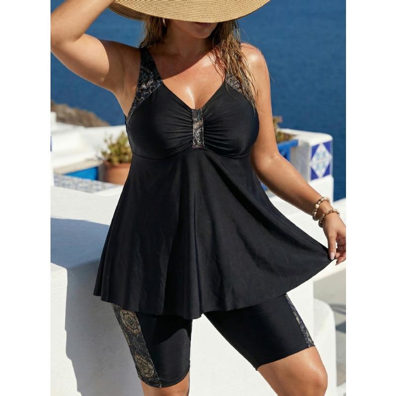 Plus Size Women S Two Piece Tankini Swimwear Black Print