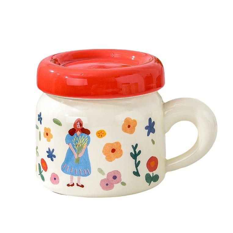 French Ceramic Cup with Lid Flower Bestie Cup with Handle Cute Big Belly Cup Drinking Water Cup Women's Mug