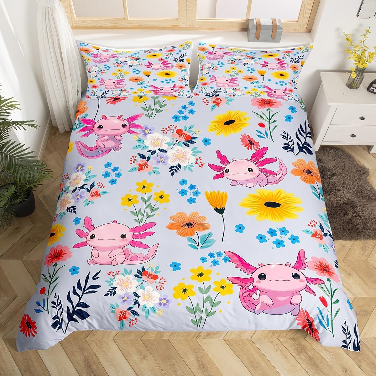 

Cartoon Axolotl Duvet Cover for Boys GirlOcean Wildlife Axolotl Bedding Set Twin KingBotanical Comforter Cover with Pillowcase EU Single(135x200cm)