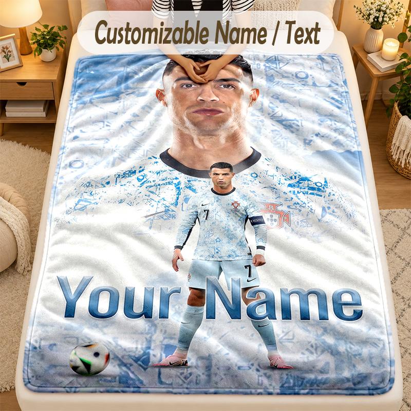Flannel BlanketCristiano Ronaldo Custom Name Text Personalized Soft Warm Throw Blanket Home Decor Gift