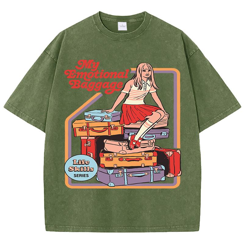 My Emotional Baggage Printed Washed Mens T-Shirt Summer Crew S темно-зеленого