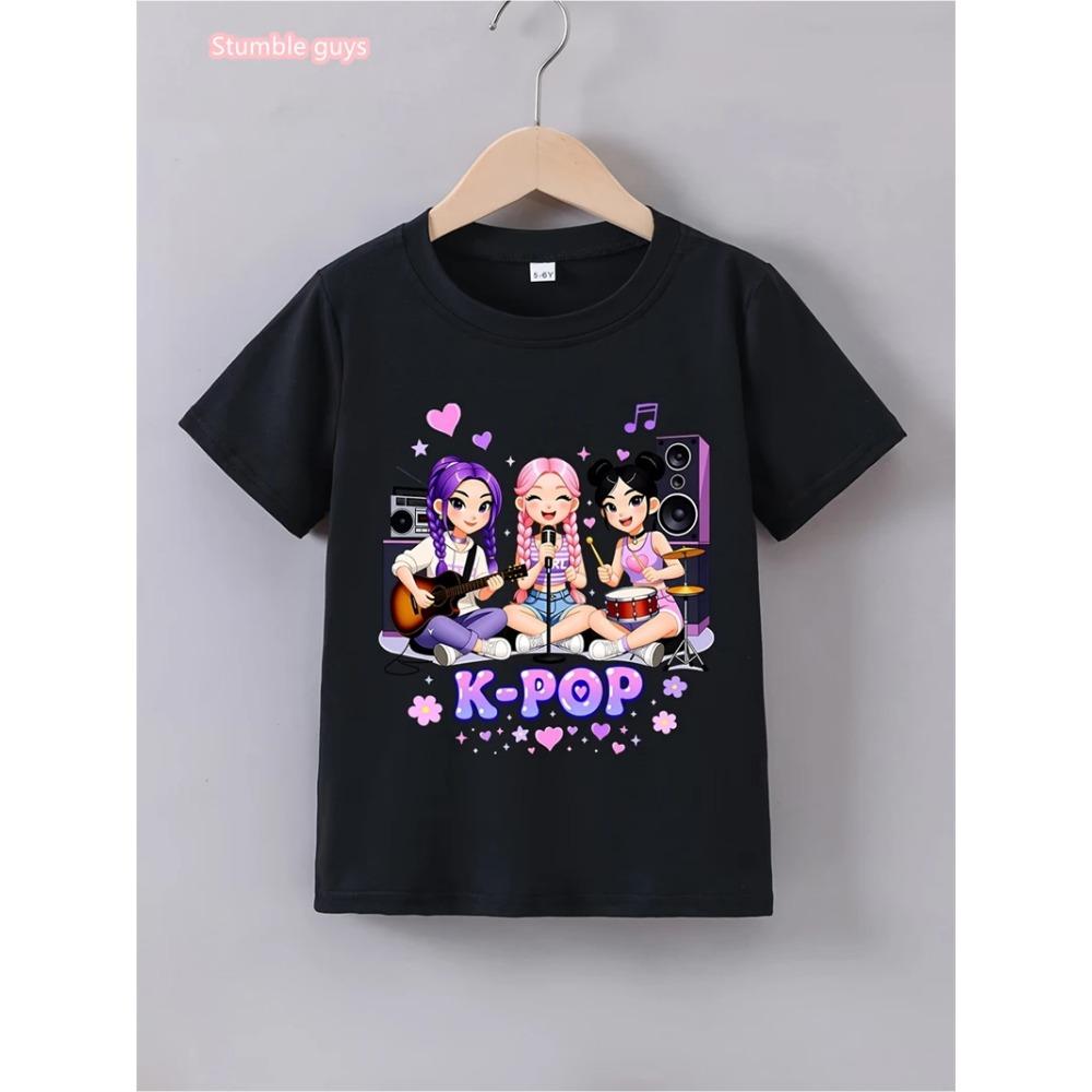 Summer Casual Kids Kpop T-Shirt Cute Anime Print Short Sleeve Anime Clothes Soft Cartton Tee Tops For Girls Daily Outdoor Wear