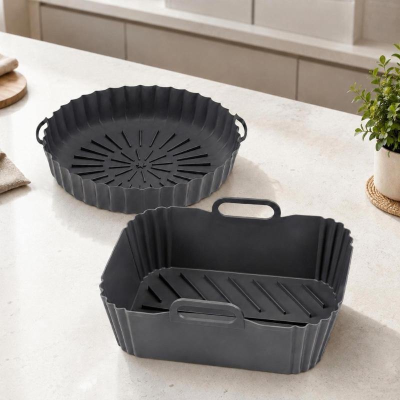 Round and Square Cooking Basket Trays in Reusable Silicone with Grip Handle Design and Crumb Collecting Base Pair