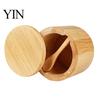 Seasoning Container with Spoon Wood Salt Swivel Magnetic Lid, Built-in Small Cellar for Countertop Jar, Moisture Proof Spice Kitchen Solid Box