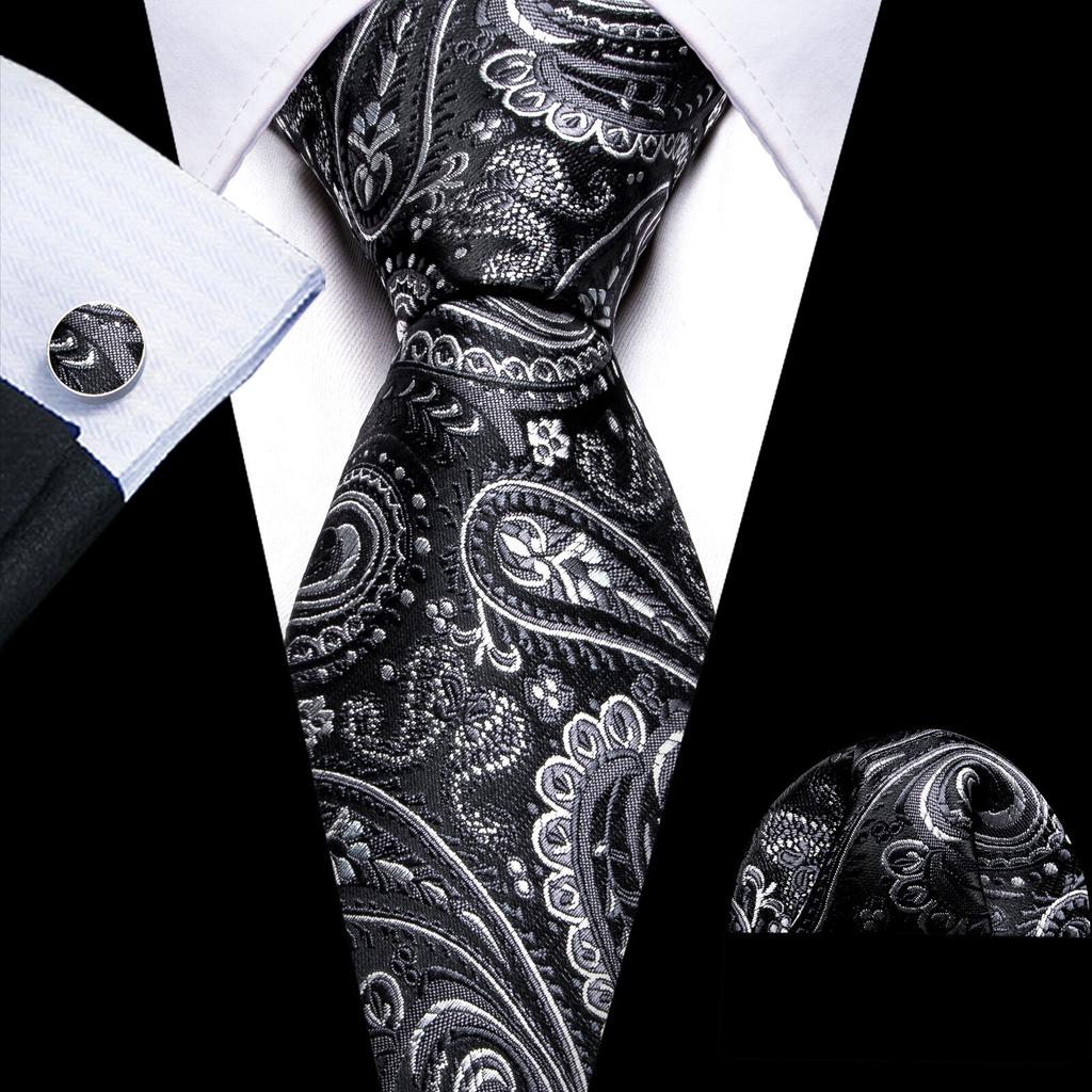 Barry.Wang Floral Ties for Men Woven Paisley Wedding Necktie Handkerchief Cufflinks Formal Casual Set