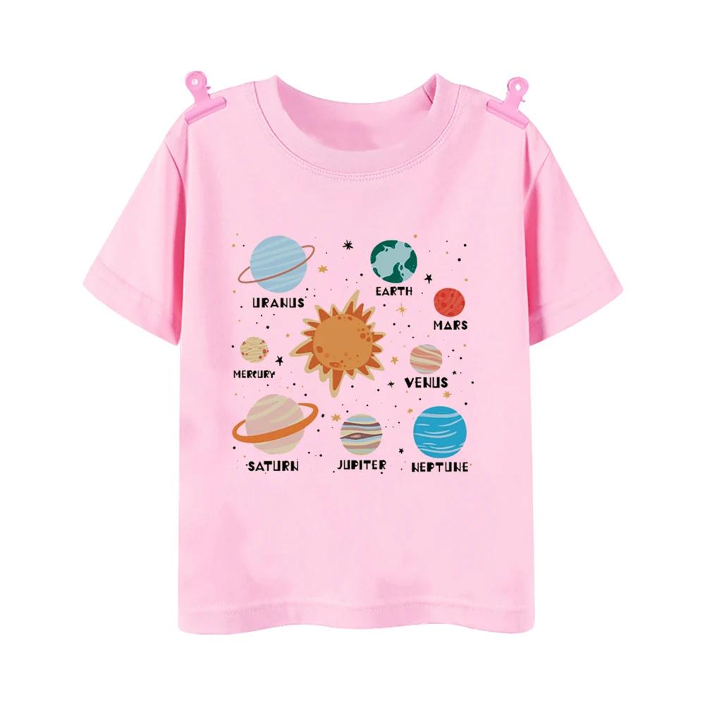 Space Planet Astronaut Cartoon Pattern Summer Childrens Tshirt Short Sleeved Round Neck Top Childrens Boys and Girls Clothing