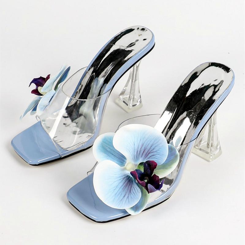 

Fashion Elegant Flower Square Toe High Heeled Sandals Women Sexy Open Toe Transparent PVC Slippers Comfort 35-46 Large Size Beach Shoes 46 небесно-голубой