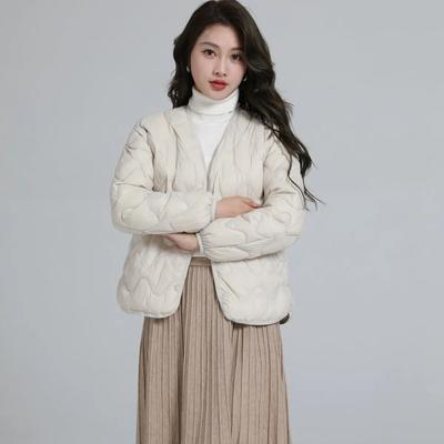 Dam Vinter Kraglös Lätt Dunjacka Diamantrutig Lös V-krage Kort Jacka