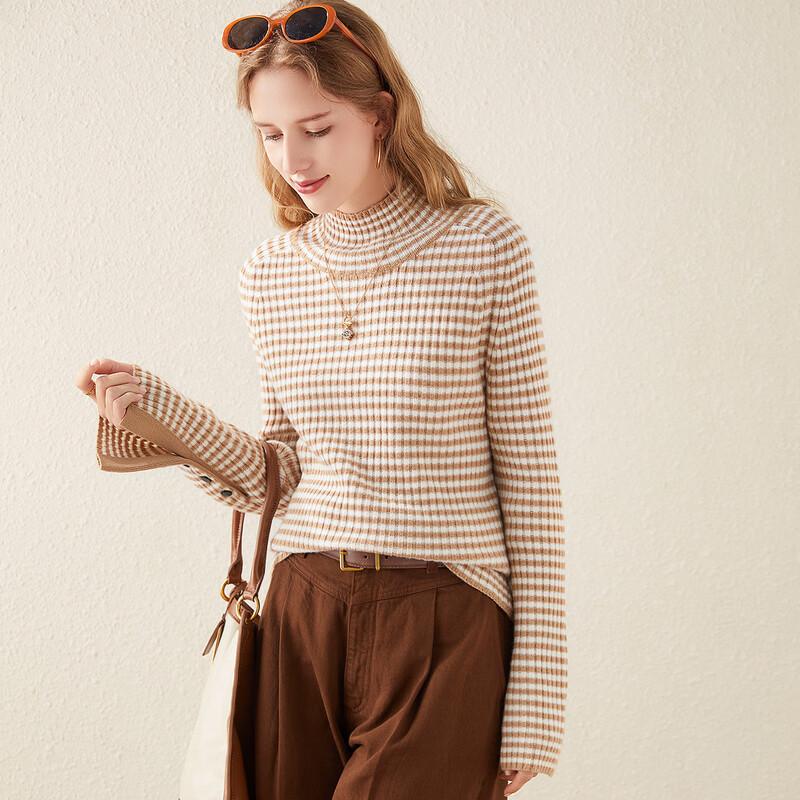 TUHUANG Women's Pure Wool Striped Colorblock Half-High Collar Sweater