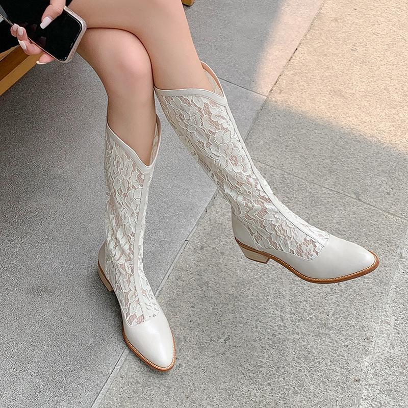 

Модные женские модные кружевные ботинки с цветочным узором, на толстом каблуке, с острым носком, ботинки до середины икры, женская обувь, летний размер 41, дышащие ботинки для женщин 41 белый
