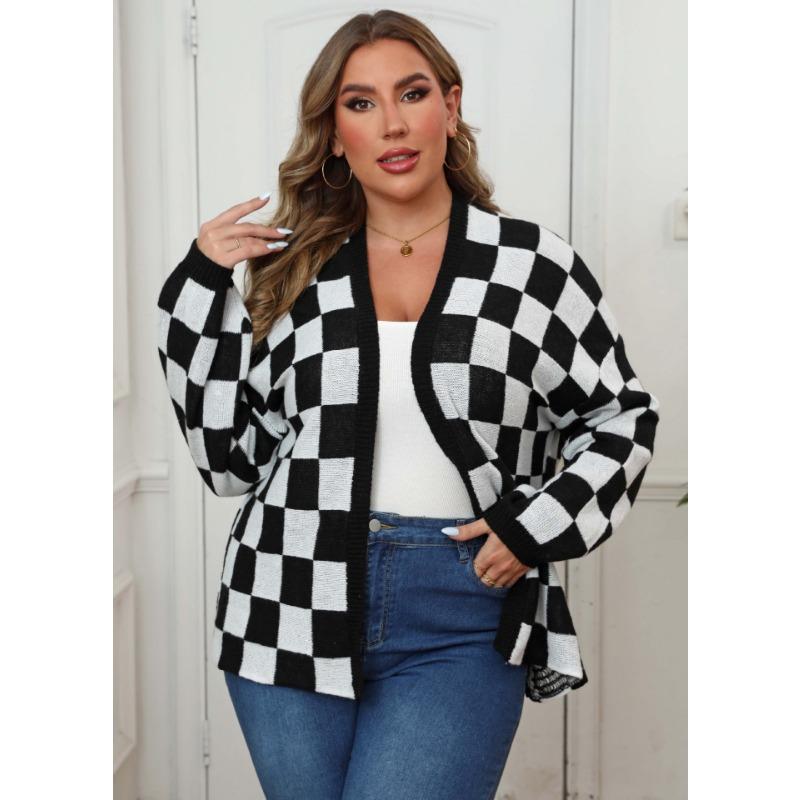 Damen S Übergröße Schachbrettmuster Farbblock Locker gestrickter Cardigan