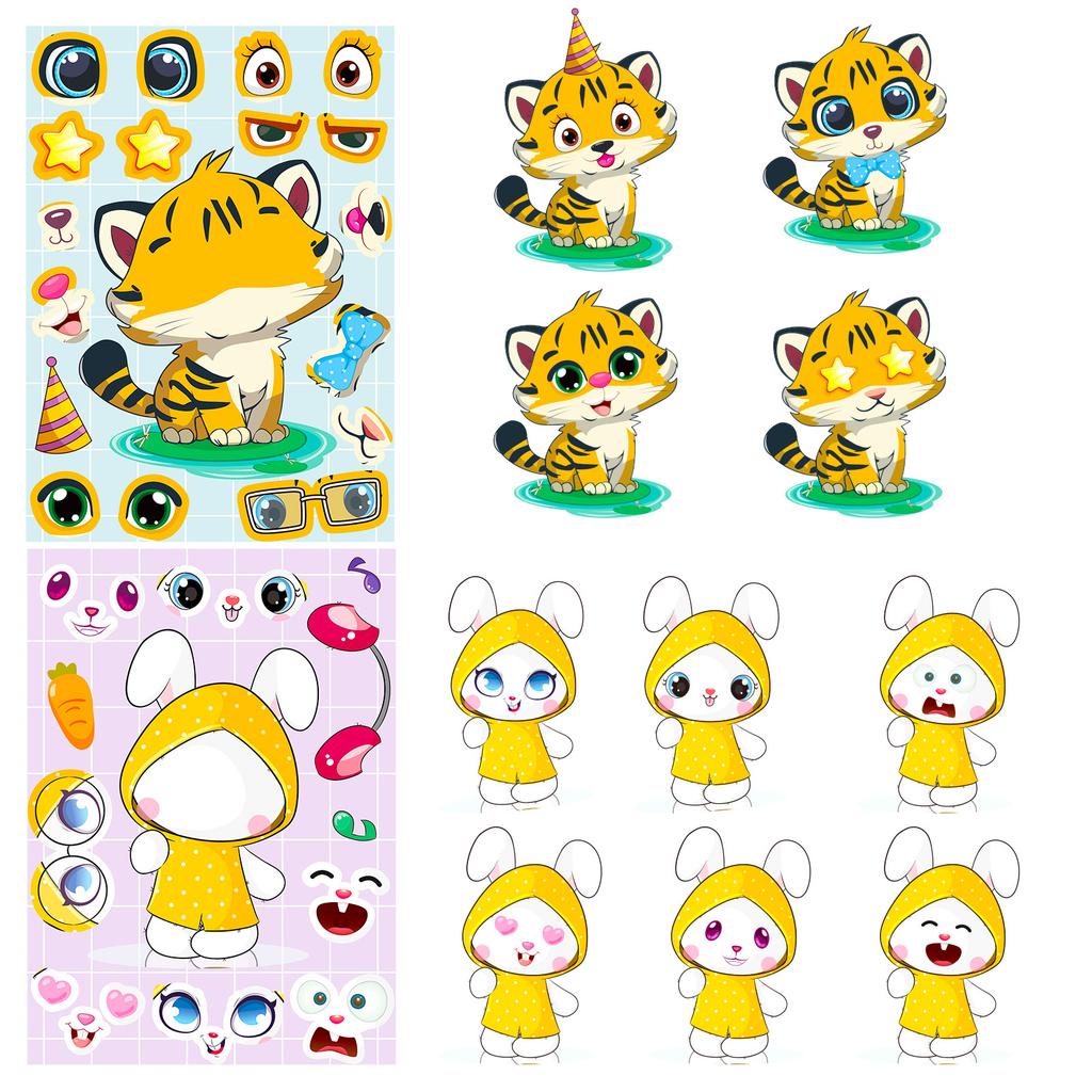 6 Photos/pack of Cute Cartoon Animal Face Swap DIY Puzzle Stickers for Children's Early Education Thinking Training Stickers
