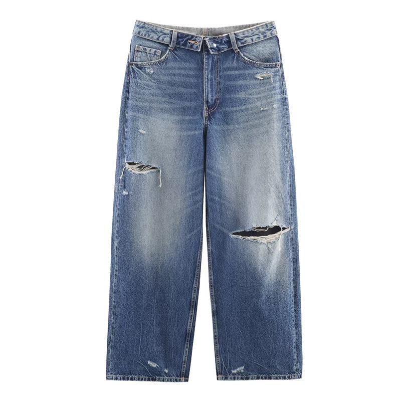 2026 Spring Women s Mid-Waist Straight Leg Faded Denim Jeans - European and American Style L