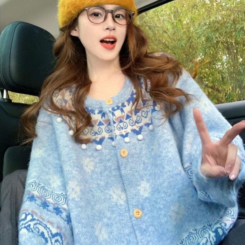 Jacquard Women's Sweater Blue Round Collar White Pom-poms Long Sleeved Cardigan Korean Version Autumn New Style Sweet Female Top