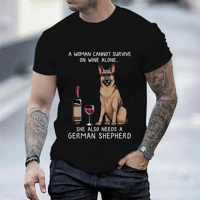 Herren T-Shirt Deutscher Schäferhund und Wein Lustiger Hund Lustige T-Shirts für Männer Frauen Casual Unisex T-Shirts Übergroße Tops Y2k Kleidung