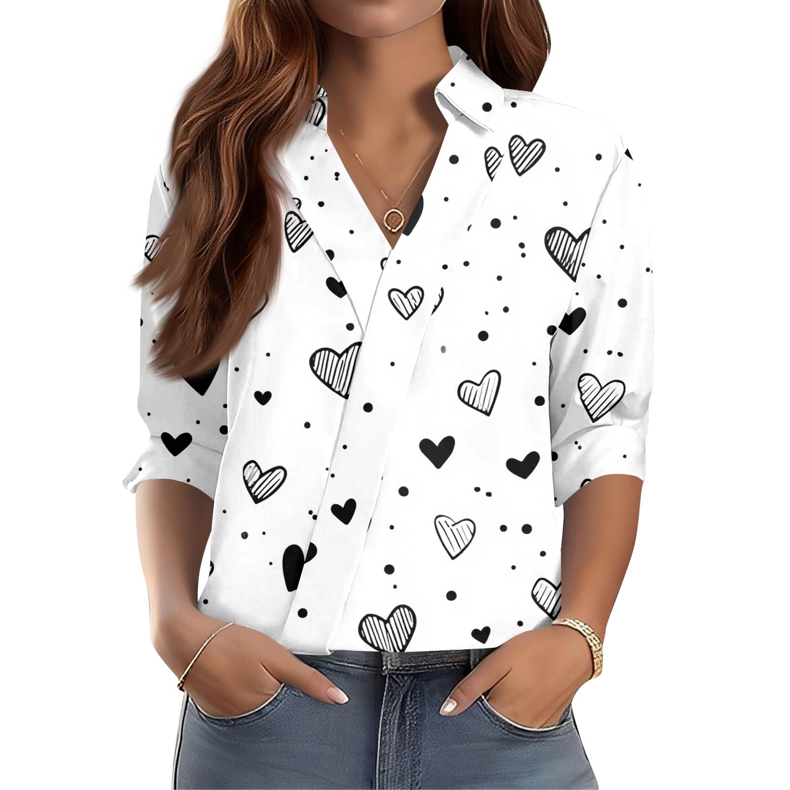 

Women s 3/4-Sleeve V-Neck Shirt Printed Workwear Casual Regular Shirt Collar Top XL білий