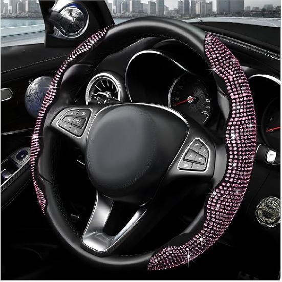 2PCS Steering Wheel Cover, Sparkling Rhinestone Segmented Steering Wheel Protector Fit 14-15.6 Inch, Non-Slip Wheel Wrap Cover Bling Car Interior