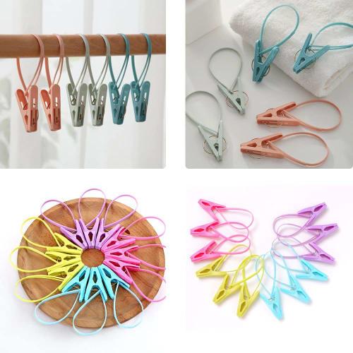 Set of 24 Clothespins In 7 Colors, with Cord, Non-Slip, Strong, for Pole Use, Futon Pegs, Plastic, for Indoor and Outdoor Drying, Non-Slip, Windproof,