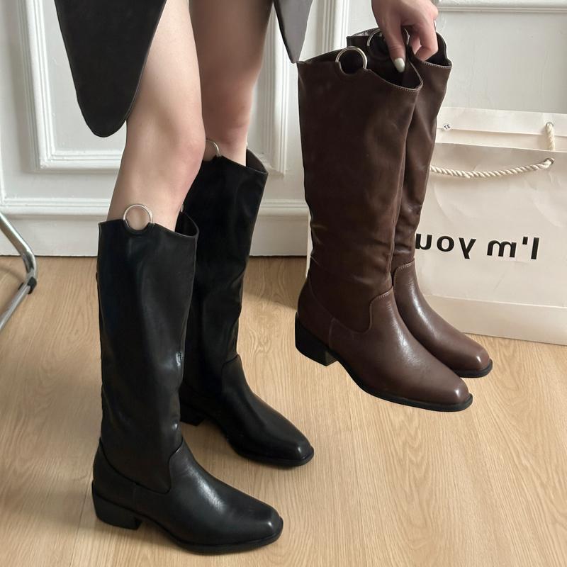 New Style Women's Designer Winter Vintage Women Knee High Boot Concise Slip On Thick Heel Shoes Square Toe Knight Long Booties