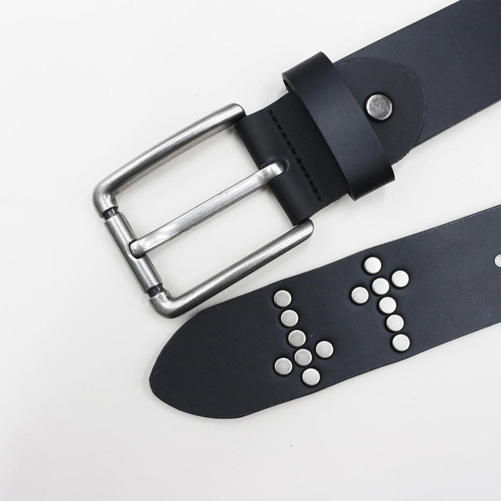 Y2K Punk Men's Genuine Cowhide Leather Belt with Full Row and Cross Rivets