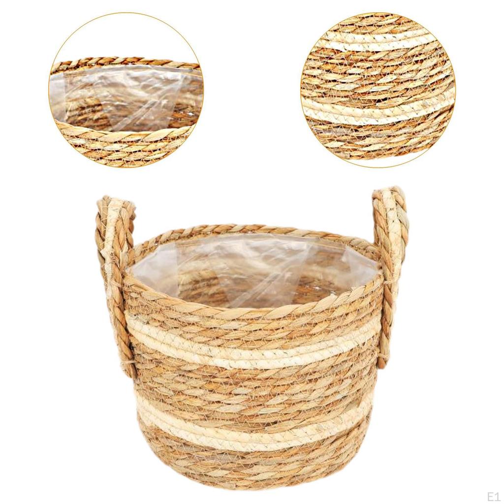 Woven Planter Basket Plant Pot Cover Decorative Wrap Organizer with Liner Handles for Yard