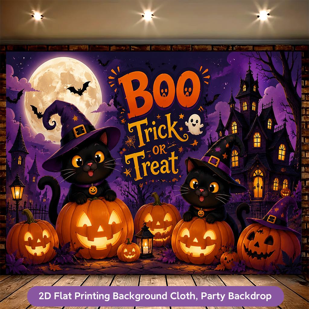 1 piece of 2D flat background fabric 3 polyester banners featuring Halloween black cats and pumpkinszyc